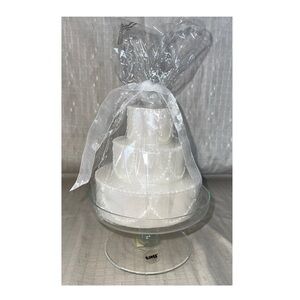 Three Tiered Wedding Cake Candle With Glass Pedestal Stand